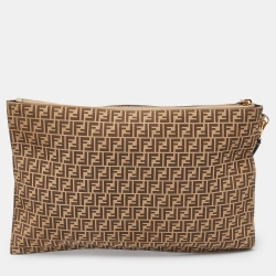 Pre Owned Fendi Beige/Brown Zucchino Suede Flat Wristlet Pouch