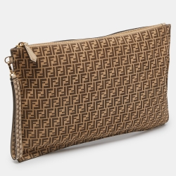 Pre Owned Fendi Beige/Brown Zucchino Suede Flat Wristlet Pouch
