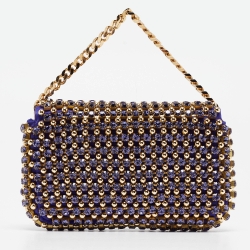 Fendi Purple/Gold Satin Crystal Studded Fur Micro Baguette Bag