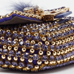 Fendi Purple/Gold Satin Crystal Studded Fur Micro Baguette Bag