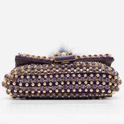Fendi Purple/Gold Satin Crystal Studded Fur Micro Baguette Bag