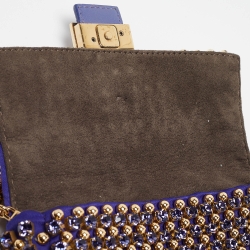 Fendi Purple/Gold Satin Crystal Studded Fur Micro Baguette Bag