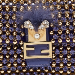 Fendi Purple/Gold Satin Crystal Studded Fur Micro Baguette Bag