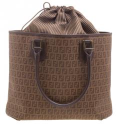 Pre Owned Fendi Brown Zucchino Coated Canvas Drawstring Tote