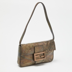 Pre Owned Fendi Grey Holographic Patent Leather Mama Baguette Bag
