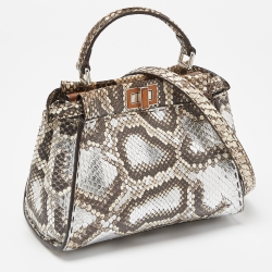 Pre Owned Fendi Beige Selleria Python Mini Peekaboo Top Handle Bag