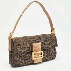 Fendi Beige/Tobacco Zucca Canvas and Lizard Embossed Leather Flap Beaded Baguette Bag