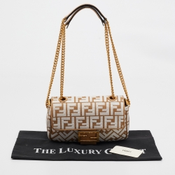 Pre Owned Fendi Beige/White FF Raffia and Leather Midi Chain Baguette Bag