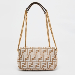 Pre Owned Fendi Beige/White FF Raffia and Leather Midi Chain Baguette Bag