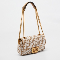 Pre Owned Fendi Beige/White FF Raffia and Leather Midi Chain Baguette Bag