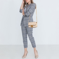 Pre Owned Fendi Beige/White FF Raffia and Leather Midi Chain Baguette Bag