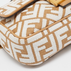 Pre Owned Fendi Beige/White FF Raffia and Leather Midi Chain Baguette Bag