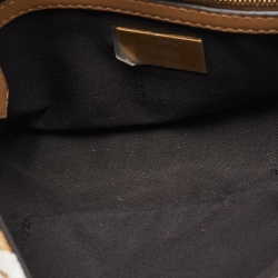 Pre Owned Fendi Beige/White FF Raffia and Leather Midi Chain Baguette Bag