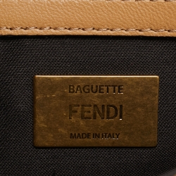 Pre Owned Fendi Beige/White FF Raffia and Leather Midi Chain Baguette Bag