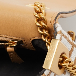 Pre Owned Fendi Beige/White FF Raffia and Leather Midi Chain Baguette Bag