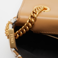 Pre Owned Fendi Beige/White FF Raffia and Leather Midi Chain Baguette Bag