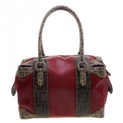 Pre Owned Fendi Red Zucca Coated Canvas Mixed Media Boston Bag
