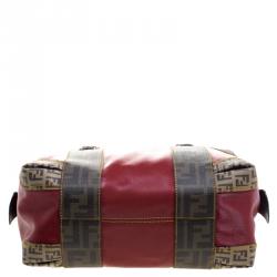 Pre Owned Fendi Red Zucca Coated Canvas Mixed Media Boston Bag