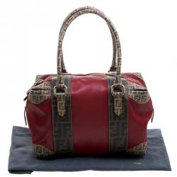 Pre Owned Fendi Red Zucca Coated Canvas Mixed Media Boston Bag
