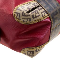 Pre Owned Fendi Red Zucca Coated Canvas Mixed Media Boston Bag