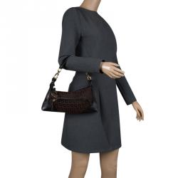 Pre Owned Fendi Brown/Black Zucchino Canvas and Leather Front Pocket Shoulder Bag