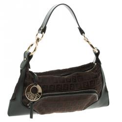 Pre Owned Fendi Brown/Black Zucchino Canvas and Leather Front Pocket Shoulder Bag
