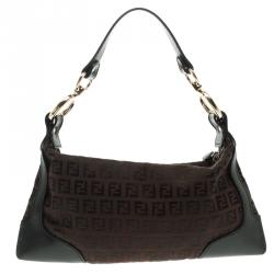Pre Owned Fendi Brown/Black Zucchino Canvas and Leather Front Pocket Shoulder Bag