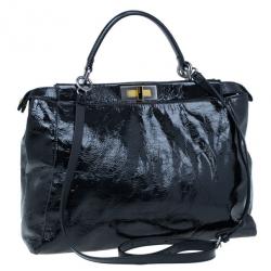 Pre Owned Fendi Black Patent Leather XL Large Peekaboo Satchel
