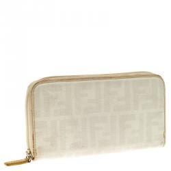 Pre Owned Fendi White Zucca Coated Canvas Zip Around Wallet