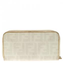 Pre Owned Fendi White Zucca Coated Canvas Zip Around Wallet