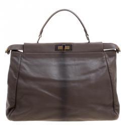 Pre Owned Fendi Dark Beige Ombre Leather Large Peekaboo Top Handle Bag