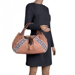 Pre Owned Fendi Beige Textured Leather Large Beaded Spy Hobo