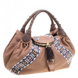 Pre Owned Fendi Beige Textured Leather Large Beaded Spy Hobo