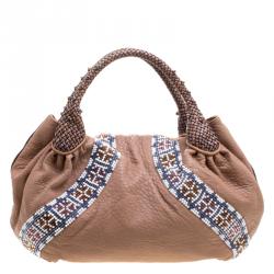 Pre Owned Fendi Beige Textured Leather Large Beaded Spy Hobo