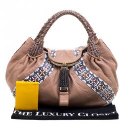 Pre Owned Fendi Beige Textured Leather Large Beaded Spy Hobo