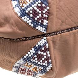 Pre Owned Fendi Beige Textured Leather Large Beaded Spy Hobo