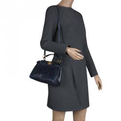 Pre Owned Fendi Navy Blue Python Mini Peekaboo Top Handle Bag