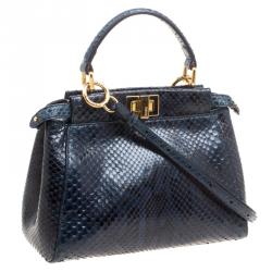 Pre Owned Fendi Navy Blue Python Mini Peekaboo Top Handle Bag