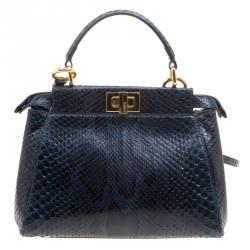Pre Owned Fendi Navy Blue Python Mini Peekaboo Top Handle Bag