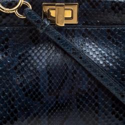 Pre Owned Fendi Navy Blue Python Mini Peekaboo Top Handle Bag