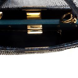 Pre Owned Fendi Navy Blue Python Mini Peekaboo Top Handle Bag