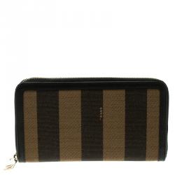 Pre Owned Fendi Black/Tobacco Pequin Canvas Zip Around Wallet