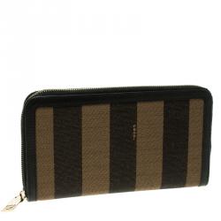 Pre Owned Fendi Black/Tobacco Pequin Canvas Zip Around Wallet