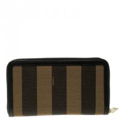 Pre Owned Fendi Black/Tobacco Pequin Canvas Zip Around Wallet