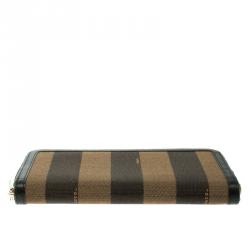 Pre Owned Fendi Black/Tobacco Pequin Canvas Zip Around Wallet