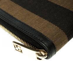 Pre Owned Fendi Black/Tobacco Pequin Canvas Zip Around Wallet