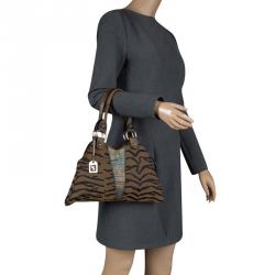 Pre Owned Fendi Brown Lizard and Canvas Small Diavolo Trapezio Shoulder Bag