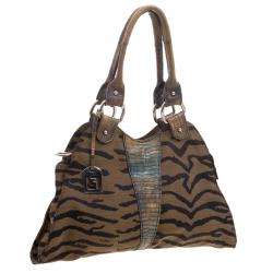 Pre Owned Fendi Brown Lizard and Canvas Small Diavolo Trapezio Shoulder Bag