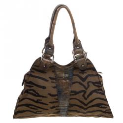 Pre Owned Fendi Brown Lizard and Canvas Small Diavolo Trapezio Shoulder Bag