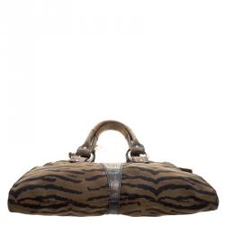 Pre Owned Fendi Brown Lizard and Canvas Small Diavolo Trapezio Shoulder Bag